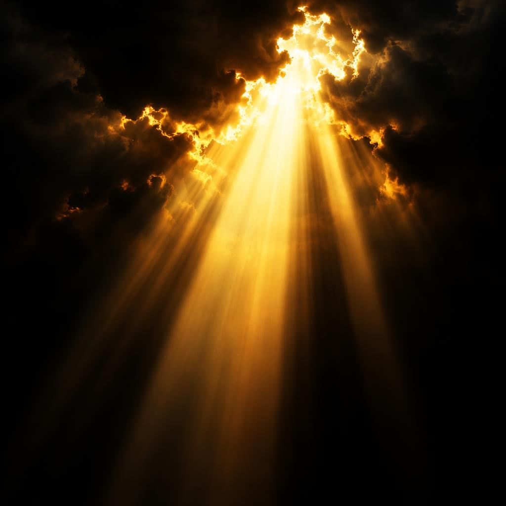 Golden light breaking through clouds into deep shadow